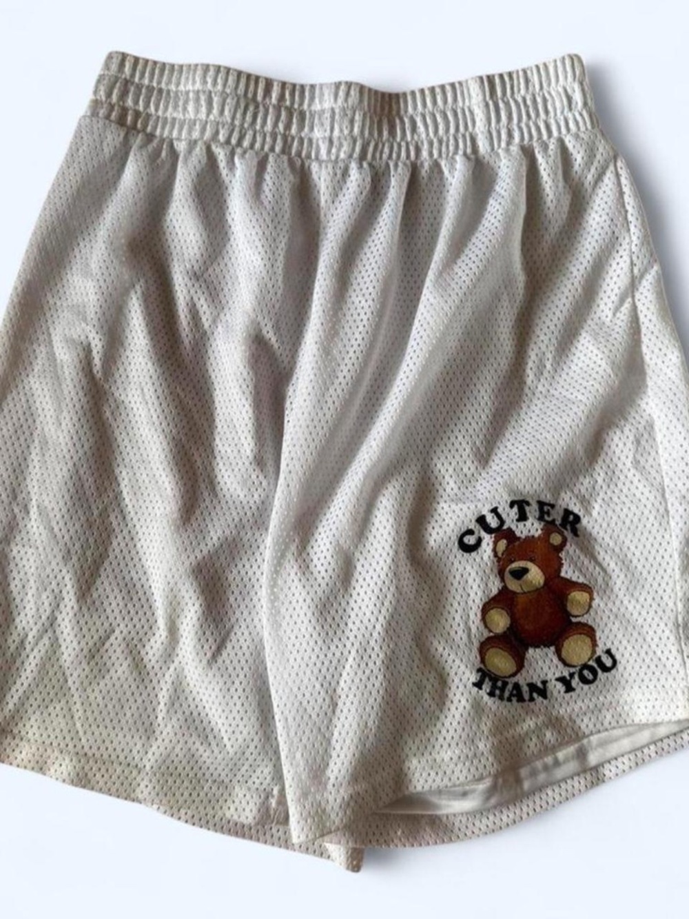 white mesh shorts with cute bear design Size M
